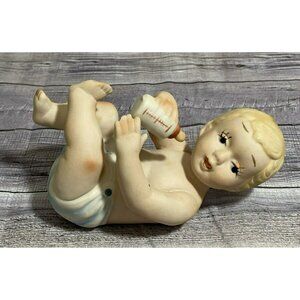 Vintage Ceramic Baby Figurine With Bottle Hand-Painted Blonde Hair 8 Inches